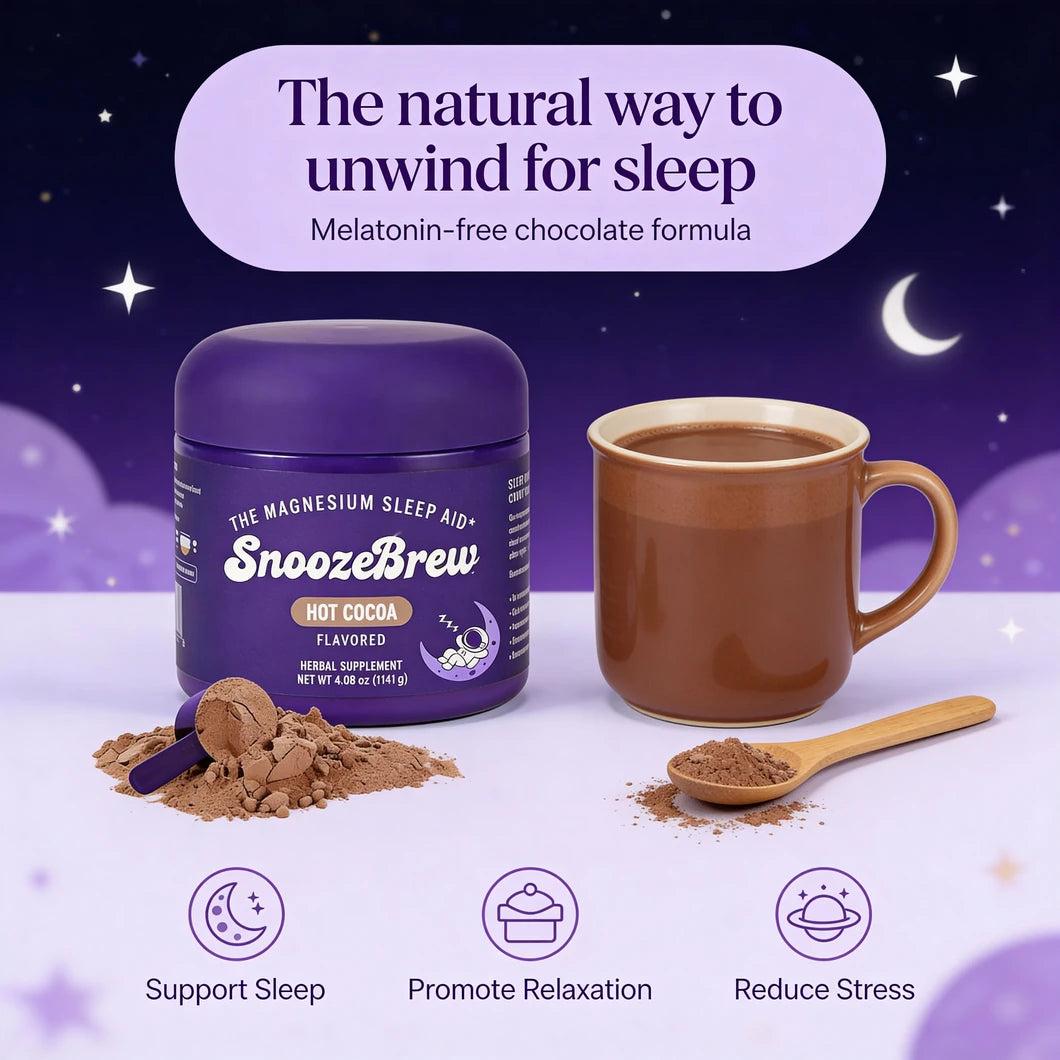 Snooze Brew beside a warm cocoa mug