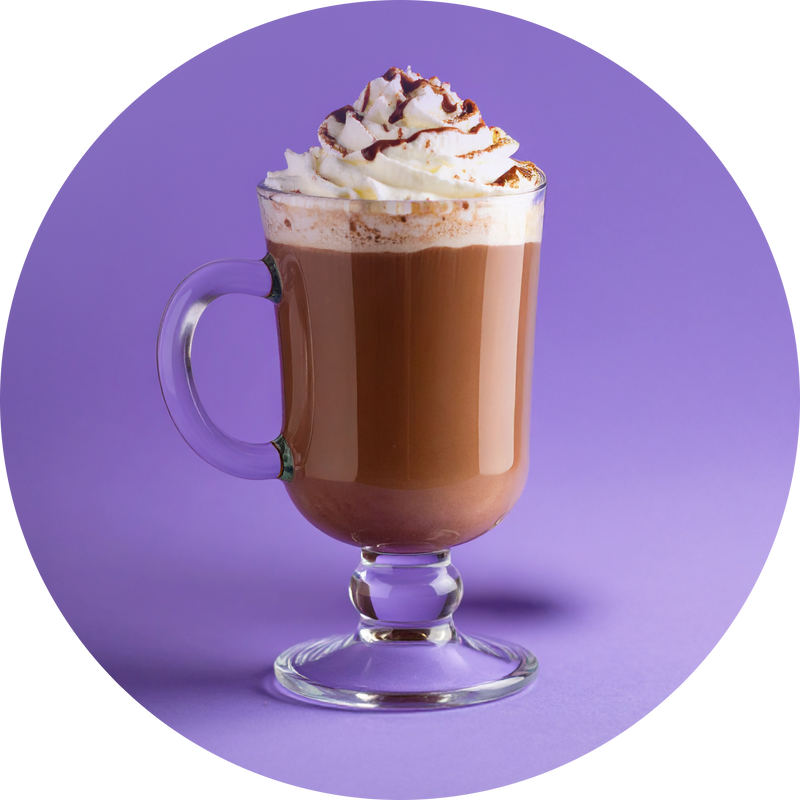 Front view of Silmea Labs sleep drink in a footed glass topped with whipped cream and chocolate drizzle on purple background